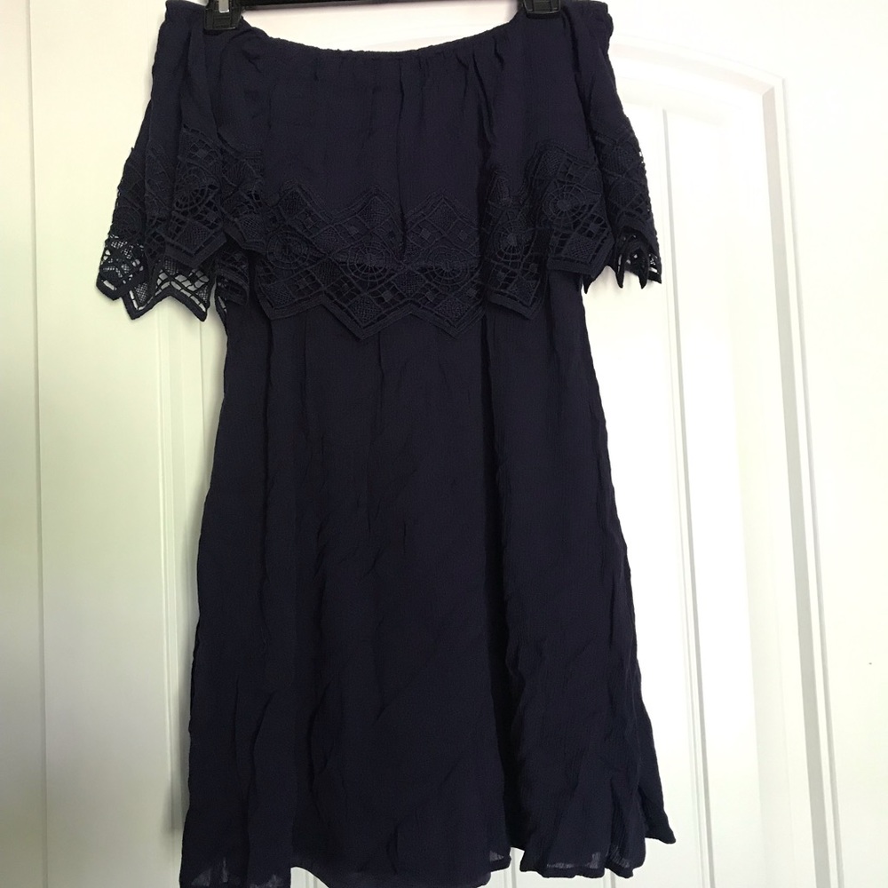 Navy Blue Off The Shoulder Lace Dress